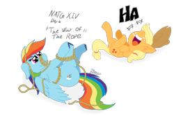 Size: 1931x1281 | Tagged: safe, artist:zeccy, derpibooru import, applejack, rainbow dash, earth pony, pegasus, pony, g4, :t, atg 2024, duo, duo female, emanata, fail, female, laughing, lying down, newbie artist training grounds, on back, open mouth, open smile, rope, simple background, smiling, tangled up, transparent background, volumetric mouth