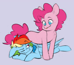 Size: 2048x1812 | Tagged: safe, artist:chub-wub, derpibooru import, pinkie pie, rainbow dash, earth pony, pegasus, pony, g4, blue background, cute, dashabetes, diapinkes, duo, duo female, female, lesbian, lying down, mare, missing cutie mark, one eye closed, pinkiedash, prone, shipping, simple background