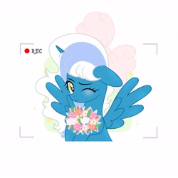 Size: 6890x6890 | Tagged: safe, artist:riofluttershy, derpibooru import, oc, oc only, oc:fleurbelle, alicorn, pony, alicorn oc, blushing, bow, female, golden eyes, hair bow, holding flowers, horn, mare, one eye closed, shy, simple background, solo, white background, wings, wink