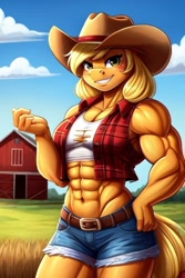 Size: 512x768 | Tagged: safe, ai content, derpibooru import, generator:stable diffusion, machine learning generated, applejack, anthro, earth pony, g4, applejacked, barn, female, grin, muscles, muscular female, prompter:chillyhooves, smiling, solo