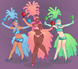 Size: 2000x1775 | Tagged: safe, artist:stevetwisp, derpibooru import, emerald flare, sapphire sequins, sunset circus, human, g4, bare shoulders, clothes, costume, dancing, dark skin, female, gloves, high heels, humanized, light skin, lipstick, long gloves, looking at you, maracas, midriff, moderate dark skin, musical instrument, raised leg, shoes, show mares, showgirl, sleeveless, smiling, trio, trio female