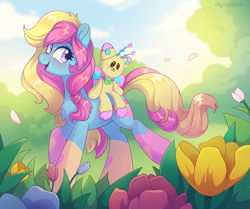 Size: 2238x1869 | Tagged: safe, artist:skysorbett, derpibooru import, oc, oc only, oc:cozy sweet, earth pony, pony, bush, coat markings, female, flower, grass, mare, nature, outdoors, sky, smiling, solo, toy, tulip