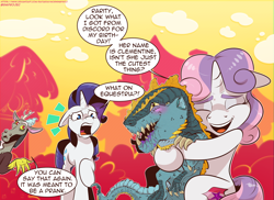 Size: 2062x1500 | Tagged: safe, artist:saturdaymorningproj, derpibooru import, discord, rarity, sweetie belle, pony, unicorn, g4, abstract background, birthday, happy, horn, shocked, shocked expression, smiling, speech bubble