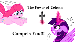 Size: 692x387 | Tagged: safe, artist:pinkamena_exe, derpibooru import, pinkie pie, twilight sparkle, twilight sparkle (alicorn), alicorn, earth pony, pony, g4, cross, duo, duo female, female, knife, pinkamena diane pie, simple background, the power of christ compels you, white background