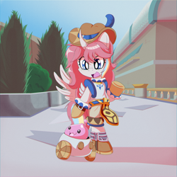 Size: 2000x2000 | Tagged: safe, artist:trackheadtherobopony, derpibooru import, oc, oc:nekonin, alicorn, semi-anthro, blob, cart, hat, poring, ragnarok online, walking