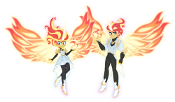 Size: 4000x2329 | Tagged: safe, artist:orin331, derpibooru import, daydream glare, sunset glare, sunset shimmer, human, equestria girls, g4, daydream shimmer, duo, equestria guys, female, fiery wings, floating, horn, looking at you, magic, male, raised hand, redesign, rule 63, self paradox, simple background, smiling, transparent background, wings