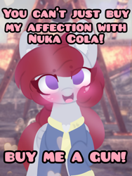 Size: 4096x5460 | Tagged: safe, artist:sodapop sprays, derpibooru import, oc, oc only, pegasus, pony, fallout equestria, caption, chest fluff, clothes, ear fluff, ears, fallout, jumpsuit, looking at you, meme, solo, text, vault suit