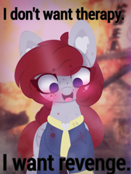 Size: 4096x5461 | Tagged: safe, artist:sodapop sprays, derpibooru import, oc, oc only, pegasus, pony, fallout equestria, blood, blood stains, caption, chest fluff, clothes, ear fluff, ears, explosion, fallout, fire, insanity, jumpsuit, looking at you, meme, solo, text, vault suit