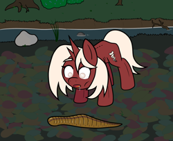 Size: 1212x984 | Tagged: safe, artist:scraggleman, derpibooru import, oc, oc only, oc:humor, leech, pony, unicorn, background, drool, eyebrows, horn, river, rock, skinny, solo, thin, water