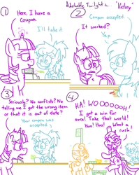 Size: 4779x6013 | Tagged: safe, artist:adorkabletwilightandfriends, derpibooru import, carrot top, golden harvest, twilight sparkle, twilight sparkle (alicorn), oc, oc:ellen, alicorn, comic:adorkable twilight and friends, adorkable, adorkable twilight, celebration, checkstand, comic, coupon, cute, dork, grocery store, happy, magic, overjoyed, shocked, shocked expression, slice of life, smiling, surprised, surprised face