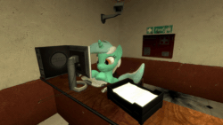 Size: 600x338 | Tagged: safe, artist:ports2005, derpibooru import, lyra heartstrings, mouse, pony, unicorn, g4, 3d, animated, background pony, computer, female, gif, gmod, happy, horn, keyboard, mare, sitting