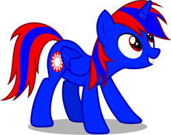 Size: 2218x1744 | Tagged: safe, artist:stephen-fisher, derpibooru import, oc, oc only, oc:stephen (stephen-fisher), alicorn, pony, folded wings, grin, male, male alicorn, male alicorn oc, needs more saturation, red and blue, red eyes, simple background, smiling, solo, stallion, standing, transparent background, vector, wings