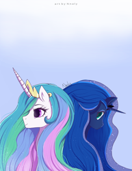 Size: 1280x1661 | Tagged: safe, artist:nnaly, derpibooru import, princess celestia, princess luna, alicorn, pony, g4, blue background, bust, ethereal mane, female, mare, portrait, royal sisters, siblings, simple background, sisters, starry mane, younger