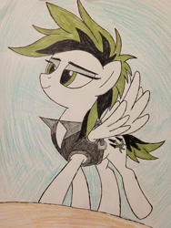 Size: 3024x4032 | Tagged: safe, artist:veprem, derpibooru import, oc, oc only, oc:jet fuel, pegasus, clothes, female, mare, pegasus oc, trace, traditional art