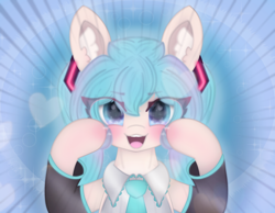 Size: 4096x3185 | Tagged: safe, alternate version, artist:sodapop sprays, derpibooru import, earth pony, pony, anime, blushing, clothes, ear fluff, ears, eye clipping through hair, hatsune miku, looking at you, meme, miku miku beam, miku miku beam meme, pigtails, ponified, solo, species swap, twintails, vocaloid