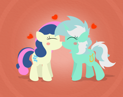 Size: 3473x2748 | Tagged: safe, artist:background basset, derpibooru import, bon bon, lyra heartstrings, sweetie drops, earth pony, pony, unicorn, g4, blush sticker, blushing, duo, duo female, female, heart, horn, kissing, lesbian, lineless, lyrabon, shipping