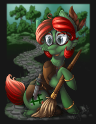 Size: 1200x1553 | Tagged: safe, artist:mychelle, derpibooru import, oc, earth pony, pony, broom, female, glasses, knife, mare, solo