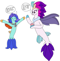 Size: 2405x2448 | Tagged: safe, artist:supahdonarudo, derpibooru import, queen novo, oc, oc:sea lilly, seapony (g4), atg 2024, bubble, camera, dialogue, holding, jewelry, necklace, newbie artist training grounds, pearl, queen novo's orb, simple background, speech bubble, talking, text, transparent background