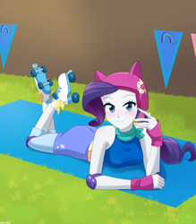 Size: 1050x1200 | Tagged: safe, artist:riouku, derpibooru import, rarity, equestria girls, friendship games, g4, alternate hairstyle, bandana, belt, blushing, boots, clothes, commission, cute, elbow pads, eyeshadow, female, fingerless gloves, gloves, grass, helmet, knee pads, lying down, makeup, mat, prone, raribetes, roller derby, roller skates, shoes, shorts, skates, solo, tanktop