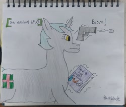 Size: 2968x2516 | Tagged: safe, artist:blackblade360, derpibooru import, oc, oc only, oc:heartbeat, pony, unicorn, fallout equestria, atg 2024, book, bullet, colored pencil drawing, cyan mane, cyan tail, fallout, fallout 4, female, glowing, glowing horn, golden eyes, gray coat, guide, gun, horn, implied applejack, implied rainbow dash, implied rarity, irl, level up, looking at something, magic, mare, mare oc, newbie artist training grounds, paper, photo, shooting, signature, telekinesis, traditional art, unicorn oc, weapon
