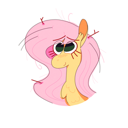 Size: 2048x2048 | Tagged: safe, artist:hazelnoods, derpibooru import, fluttershy, pegasus, pony, g4, blushing, bust, chest fluff, eye clipping through hair, eyebrows, eyebrows visible through hair, female, high res, long eyelashes, mare, simple background, smiling, solo, stick, stick in hair, white background