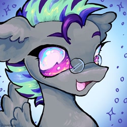 Size: 2048x2048 | Tagged: safe, artist:larvaecandy, derpibooru import, oc, oc only, oc:vipir flash, pegasus, pony, abstract background, bust, colored eyebrows, commission, ear fluff, ears, eyelashes, floppy ears, glasses, gradient background, gray coat, high res, icon, male, mohawk, multicolored eyes, multicolored mane, open mouth, open smile, pegasus oc, pink eyes, profile picture, round glasses, smiling, solo, spread wings, stallion, trans male, transgender, transgender oc, wings