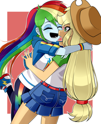 Size: 1638x2000 | Tagged: safe, artist:nekojackun, derpibooru import, applejack, rainbow dash, human, equestria girls, g4, 2d, appledash, applejack's hat, belt, blushing, clothes, cowboy hat, denim, denim skirt, duo, duo female, eyes closed, eyeshadow, female, fingernails, freckles, happy, hat, jacket, lesbian, makeup, open mouth, open smile, pants, pockets, ponytail, shipping, shirt, shoes, short sleeves, sideburns, skirt, smiling, sneakers, surprised, t-shirt, thunderbolt, wristband