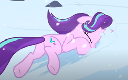 Size: 959x597 | Tagged: safe, derpibooru import, screencap, starlight glimmer, pony, unicorn, g4, the ending of the end, butt, cropped, eyes closed, female, horn, mare, plot, snow, solo, unconscious