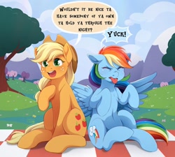 Size: 1440x1297 | Tagged: safe, artist:applesartt, derpibooru import, applejack, rainbow dash, earth pony, pegasus, pony, g4, appledash, applejack's hat, clothes, cloud, cowboy hat, dialogue, disgusted, duo, duo female, female, flower, grass, hairband, hat, heart, heart eyes, hoof on chest, lesbian, mare, mountain, picnic blanket, shipping, sitting, sky, speech bubble, spread wings, tongue, tongue out, tree, watermark, wingding eyes, wings