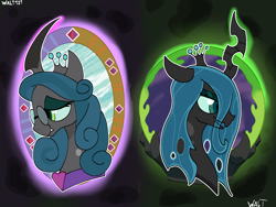 Size: 2994x2254 | Tagged: source needed, safe, artist:walt121, derpibooru import, queen chrysalis, reversalis, changeling, changeling queen, g4, bust, glasses, horn, loving chrysalis, mirror, mirror universe