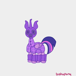 Size: 894x894 | Tagged: safe, artist:bishopony, derpibooru import, twilight sparkle, twilight sparkle (alicorn), alicorn, pony, g4, clothes, dot eyes, female, fly mask, folded wings, frown, gaiters, gray background, horn, jacket, long horn, mare, multicolored tail, purple coat, signature, simple background, solo, standing, straight tail, tail, three toned tail, tri-color tail, tri-colored tail, tricolor tail, tricolored tail, unicorn horn, wat, wings