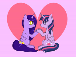 Size: 6548x4931 | Tagged: safe, artist:seiratempest, derpibooru import, twilight sparkle, twilight sparkle (alicorn), oc, oc:princess seira, alicorn, pony, g4, atg 2024, duo, duo female, female, golden eyes, heart, heart background, lgbt, love, newbie artist training grounds, purple eyes, purple mane, shipping