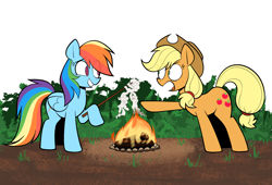 Size: 3750x2550 | Tagged: safe, artist:latexia, derpibooru import, applejack, rainbow dash, rarity, earth pony, pegasus, pony, unicorn, g4, campfire, female, food, food transformation, horn, mare, marshmallow, raised hoof, raised leg, rarity is a marshmallow, s'mores, stick, transformation, triality, trio