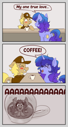 Size: 1080x1999 | Tagged: safe, artist:nedemai, derpibooru import, oc, oc only, bat pony, earth pony, pony, unicorn, aaaaaaaaaa, atg 2024, bat pony oc, coffee, coffee mug, comic, cup, cup of pony, dialogue, female, horn, mare, micro, mug, newbie artist training grounds, not izzy moonbow, speech bubble, trio