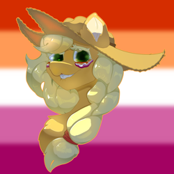 Size: 2500x2500 | Tagged: safe, artist:luanbang, derpibooru import, applejack, pony, g4, clothes, commission, cowboy hat, cute, eyelashes, female, gradient background, hat, lesbian, lesbian pride flag, looking at you, mare, outline, pride, pride flag, sexy face, smiling, smiling at you, solo, ych example, ych result, your character here