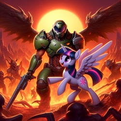 Size: 1024x1024 | Tagged: safe, ai content, derpibooru import, generator:dall-e 3, machine learning generated, twilight sparkle, twilight sparkle (alicorn), alicorn, demon, human, g4, doom, doom guy, female, gun, happy, hell, mare, prompter:doomguy397, shotgun, spread wings, weapon, wings