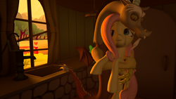 Size: 3200x1800 | Tagged: safe, artist:duckyqwapz, derpibooru import, discord, fluttershy, draconequus, pegasus, pony, g4, 3d, atg 2024, couple, dark background, discoshy, duo, duo male and female, female, fluttershy's cottage (interior), forest, kitchen, male, mare, nature, newbie artist training grounds, sad, shipping, sink, straight, sunset, tree, water pump, window