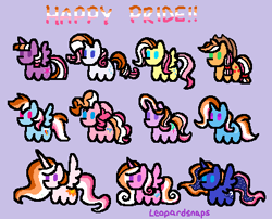 Size: 402x325 | Tagged: safe, alternate version, artist:leopardsnaps, derpibooru import, applejack, fluttershy, pinkie pie, princess cadance, princess celestia, princess luna, rainbow dash, rarity, starlight glimmer, trixie, twilight sparkle, twilight sparkle (alicorn), alicorn, g4, alternate hair color, female, group shot, lesbian, pride, pride month, purple background, simple background