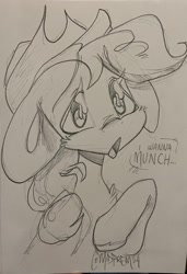 Size: 1402x2048 | Tagged: safe, artist:midnightpremiere, derpibooru import, applejack, earth pony, pony, g4, bust, female, grayscale, mare, monochrome, pencil drawing, signature, solo, traditional art