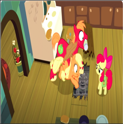 Size: 514x516 | Tagged: safe, derpibooru import, edit, edited screencap, screencap, apple bloom, applejack, big macintosh, bird, duck, earth pony, g4, season 7, the perfect pear, female, filly, foal, male, mare, meme, stallion, thomas and friends, train, wrong aspect ratio