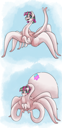 Size: 2010x4107 | Tagged: safe, artist:smirk, derpibooru import, blossomforth, oc, monster pony, original species, spiderpony, fanfic:blossomthing, g4, blossomthing, blue background, body horror, commission, eldritch abomination, embarrassed, long neck, open mouth, open smile, shapeshifter, shapeshifting, sheepish, simple background, smiling, solo, tentacle neck, tentacle spider, tentacles, waving