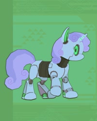 Size: 1049x1311 | Tagged: safe, artist:eggpriest, derpibooru import, sweetie belle, pony, robot, robot pony, g4, female, green background, mare, purple mane, purple tail, simple background, tail