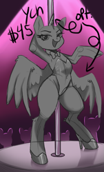 Size: 579x960 | Tagged: safe, artist:choppedraven, derpibooru import, oc, pony, semi-anthro, advertisement, any race, armpits, belly, belly button, bowtie, bunny suit, clothes, commission, horn, pole dancing, solo, solo focus, stripper pole, ych sketch, your character here