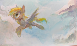 Size: 4024x2444 | Tagged: safe, artist:unclechai, derpibooru import, derpy hooves, pegasus, pony, g4, cloud, female, flying, sky, smiley face, traditional art, watercolor painting, yellow mane