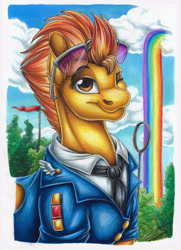 Size: 2550x3521 | Tagged: safe, artist:lupiarts, derpibooru import, spitfire, pegasus, pony, g4, wonderbolts academy, captain, cloud, drill sergeant, female, flag, looking at you, one eye closed, rainbow waterfall, sky, smiling, solo, traditional art, wink, wonderbolts