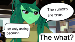 Size: 1280x720 | Tagged: safe, artist:i_fug_p0nes, derpibooru import, trixie, wallflower blush, human, equestria girls, g4, 3d, dialogue, koikatsu, offscreen character, speech bubble