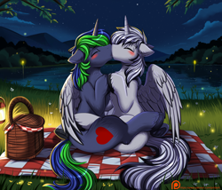 Size: 2996x2565 | Tagged: safe, artist:pridark, derpibooru import, oc, oc only, oc:dark tempest, oc:sparky starfall, alicorn, firefly (insect), insect, pony, unicorn, alicorn oc, basket, duo, gay, horn, kissing, male, night, picnic, picnic basket, picnic blanket, unicorn oc, wings
