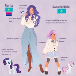 Size: 2048x2048 | Tagged: safe, artist:cryweas, derpibooru import, rarity, sweetie belle, human, pony, unicorn, g4, alternate hairstyle, asian, bisexual pride flag, bracelet, clothes, compression shorts, dress, duo, duo female, ear piercing, earring, eyeshadow, female, filly, foal, friendship bracelet, headcanon, horn, humanized, jewelry, kazakhstan, lipstick, makeup, mare, nail polish, necklace, piercing, pride, pride flag, purple background, reference sheet, ring, shirt, simple background, skirt, socks, stockings, thigh highs
