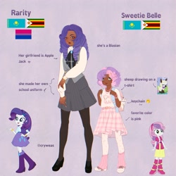 Size: 2048x2048 | Tagged: safe, artist:cryweas, derpibooru import, opalescence, rarity, sweetie belle, cat, human, pony, sheep, unicorn, equestria girls, g4, african, alternate hairstyle, asian, backpack, bag, belt, bisexual pride flag, blasian, boots, bracelet, clothes, converse, dark skin, duo, duo female, ear piercing, earring, eyeshadow, female, filly, foal, headcanon, horn, humanized, implied applejack, implied lesbian, implied rarijack, implied shipping, jewelry, kazakhstan, keychain, leg warmers, lipstick, makeup, nail polish, necklace, piercing, pride, pride flag, purple background, reference sheet, ring, school uniform, sheepie belle, shirt, shoes, simple background, skirt, socks, stockings, t-shirt, thigh highs, vest, zimbabwe
