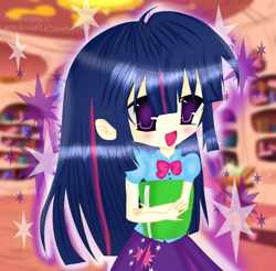 Size: 1360x1336 | Tagged: safe, derpibooru import, twilight sparkle, human, equestria girls, g4, 2000s anime art, anime, blouse, book, bowtie, button-up shirt, clothes, cute, female, golden oaks library, human coloration, humanized, shirt, skirt, skirt with cutie mark, solo, twiabetes